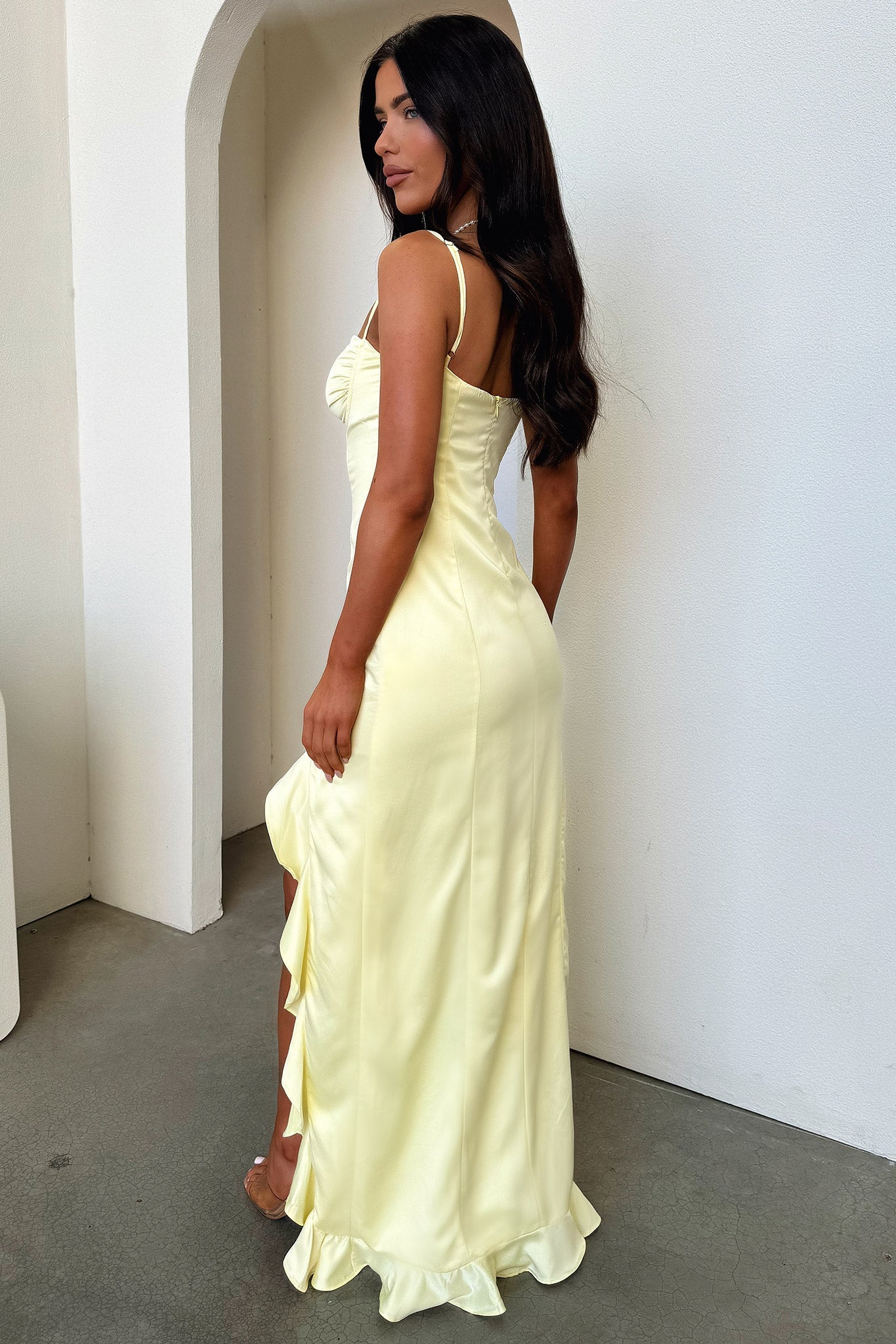 Lauren Ruffle Trim Satin Maxi Dress - Yellow
