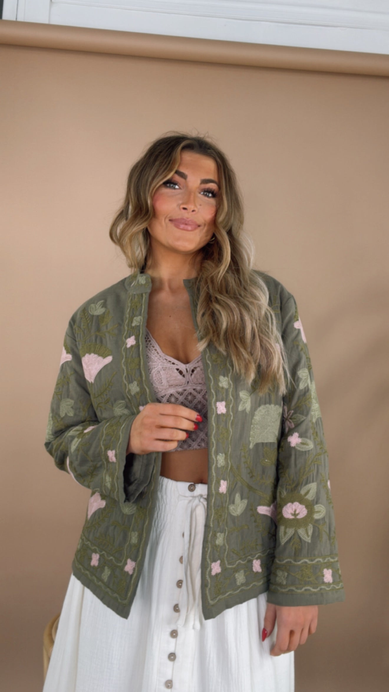 Flourish Floral Printed Jacket, Olive/Blush
