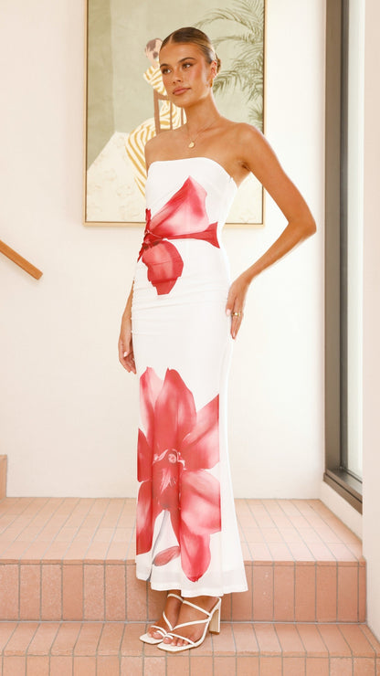 Brittani Strapless Maxi Dress - White/Red