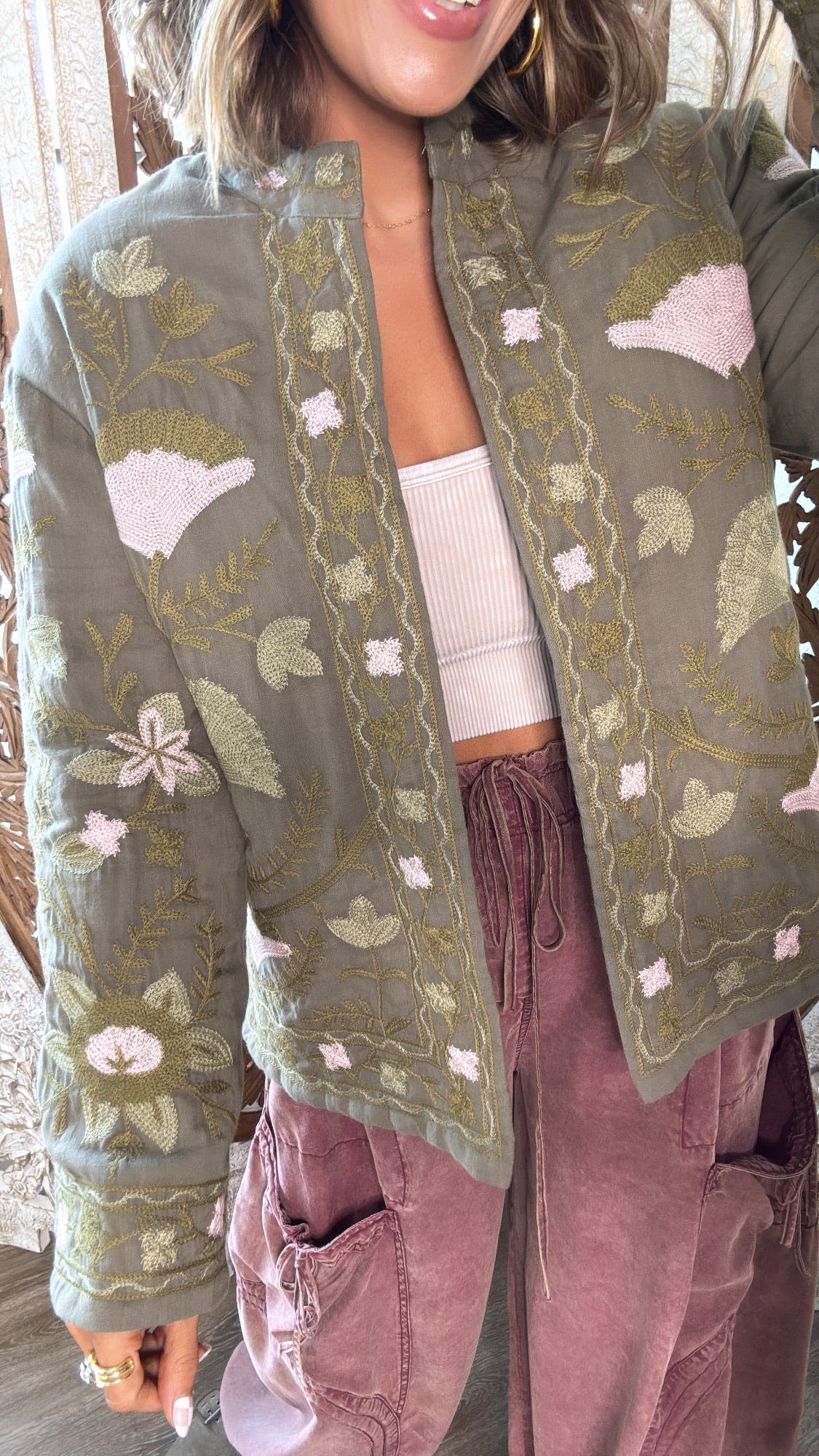 Flourish Floral Printed Jacket, Olive/Blush