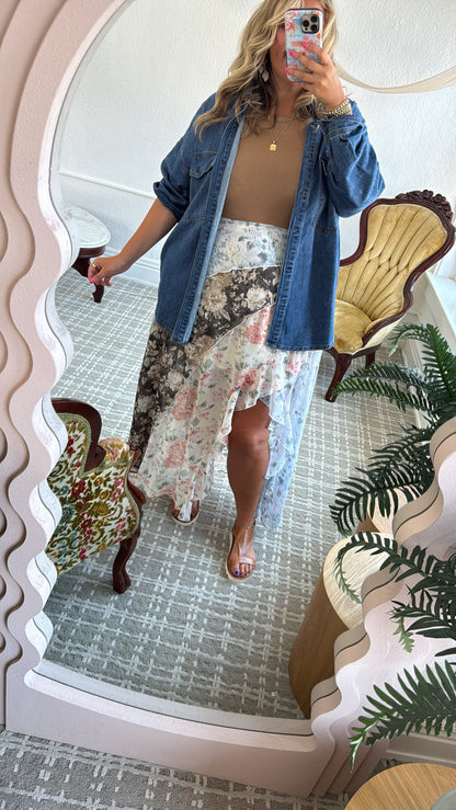 All Mine Mix Print Chiffon Ruffle Maxi Skirt