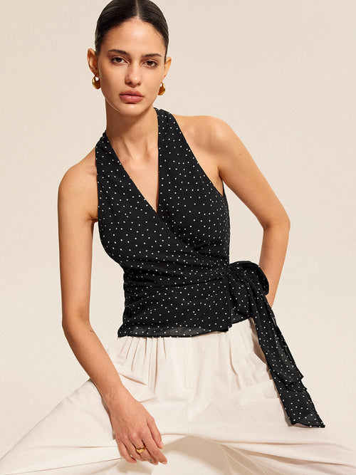 Polka Dot Wrap Tie Halter Top