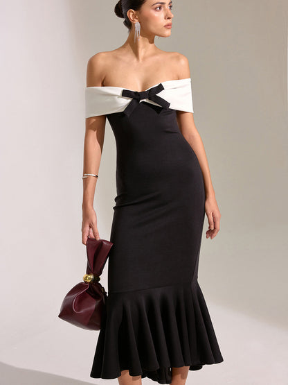 Bow Off-Shoulder Mermaid Midi Dress