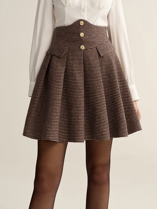 Houndstooth High-Waisted Pleated Mini Skirt