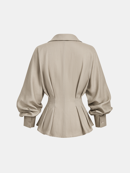 Linen Blend Balloon Sleeve Wrap Blouse