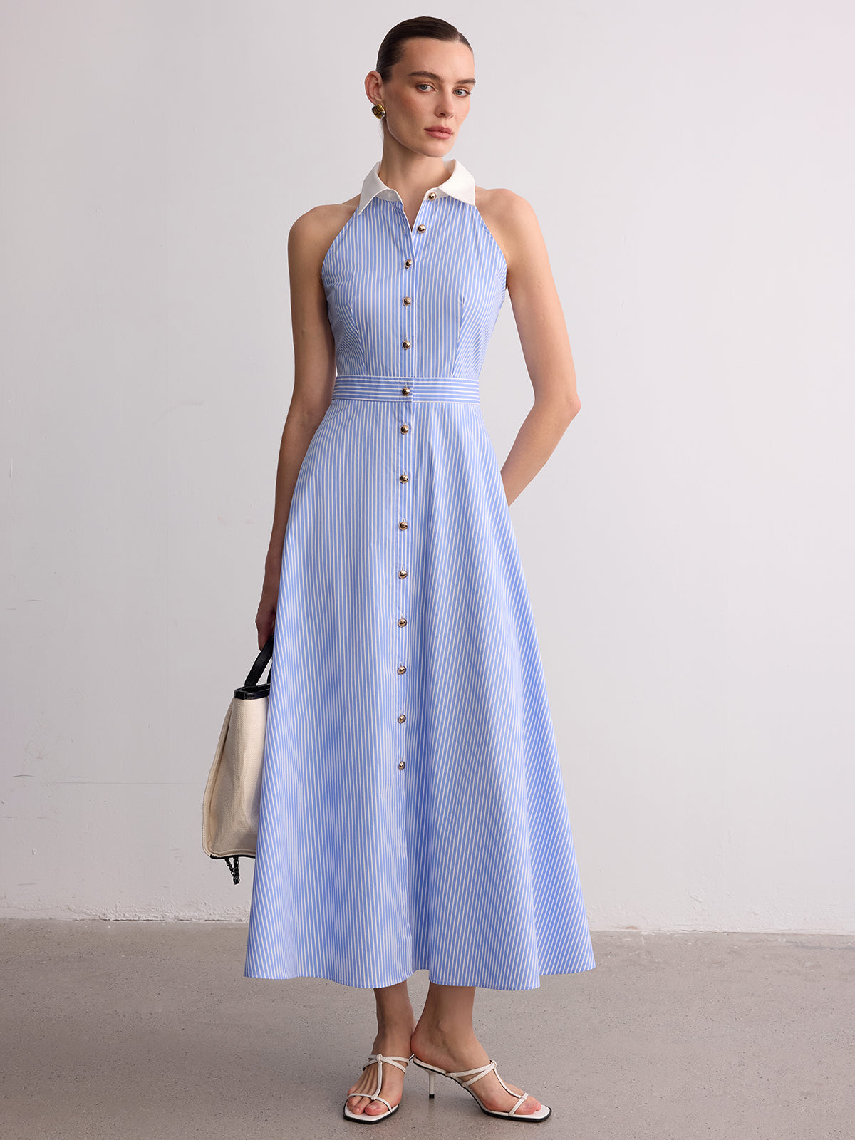Collared Striped Sleeveless Buttoned Maxi Dress