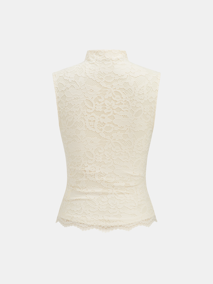 Ruched High Neck Lace Sleeveless Blouse