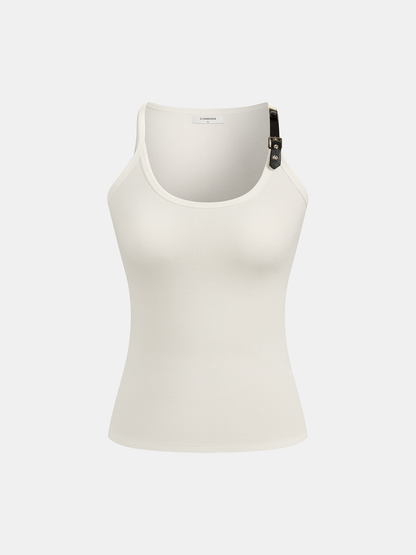 Ribbed Stretchy Faux Leather Buckle Vintage Tank Top
