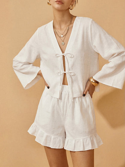 Cotton Tie-Front Blouse & Ruffled Shorts Set