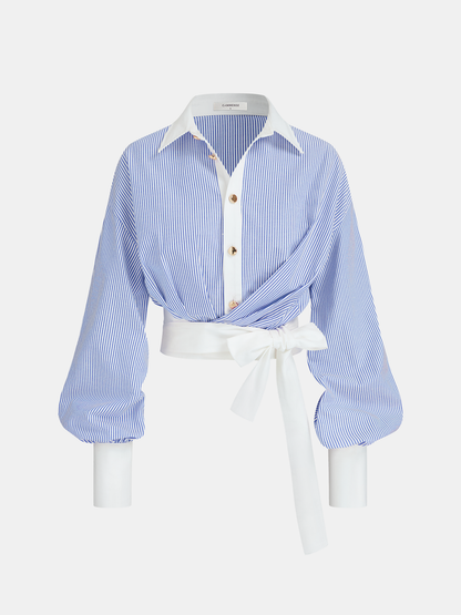 Color-Block Striped Tie-Waist Shirt