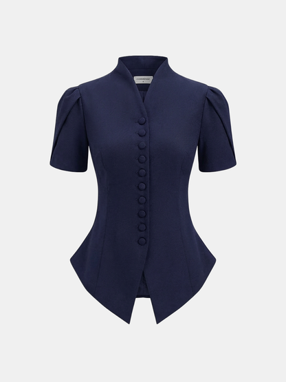 Short Sleeve Stand Collar Buttoned Slim Blouse