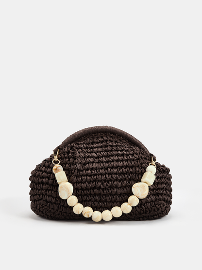 Marble Bead Chain Straw Woven Handbag