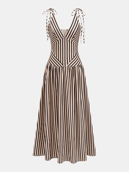 Striped Tie Shoulder V Neck Maxi Dress