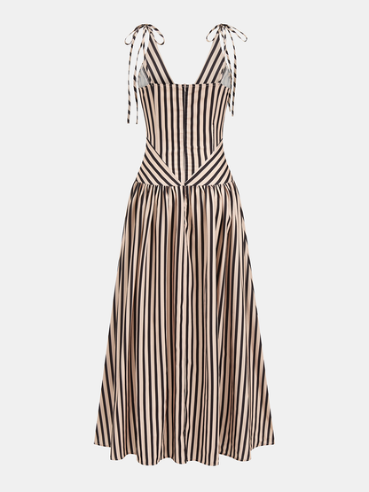 Striped Tie Shoulder V Neck Maxi Dress