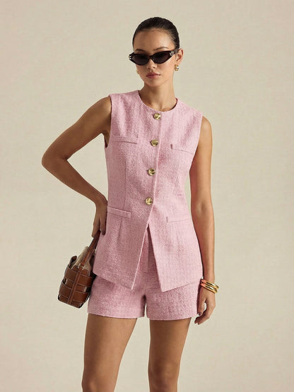 Metal Button Tweed Vest & Shorts Set