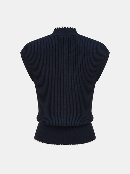 Scallop Trim Tie Neck Sleeveless Knit Top