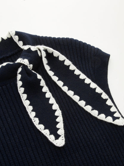 Scallop Trim Tie Neck Sleeveless Knit Top