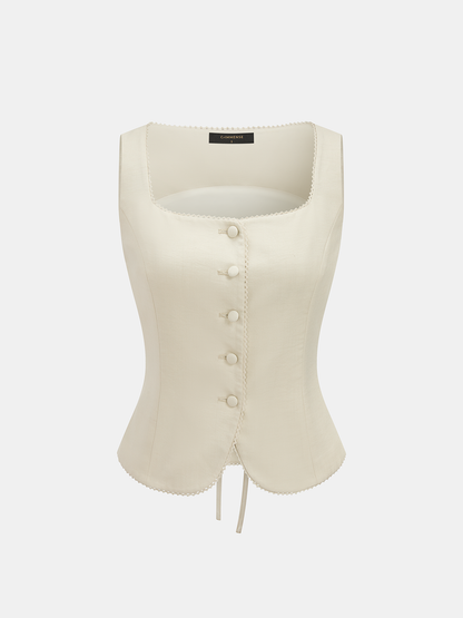 Linen Blend Square Neck Scallop Trim Vest