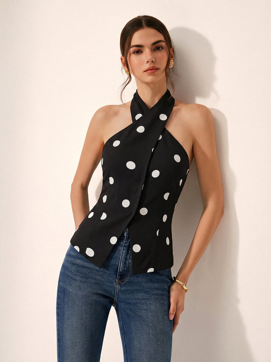 Polka Dot Crisscross Halter Tank Top