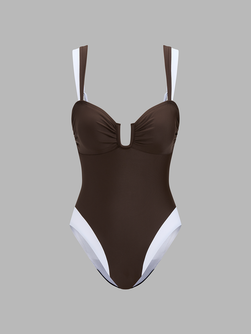 Color Block U Cut One Piece Swimsuit