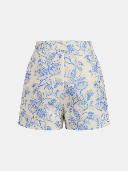 Belted Floral Jacquard Vest & Shorts Set