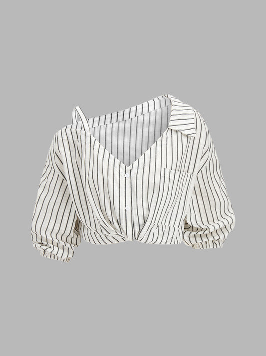 Striped Cotton Cold Shoulder Half Sleeve Blouse