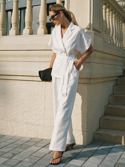 Short Sleeve Belted Blazer & Wide Leg Pants Set