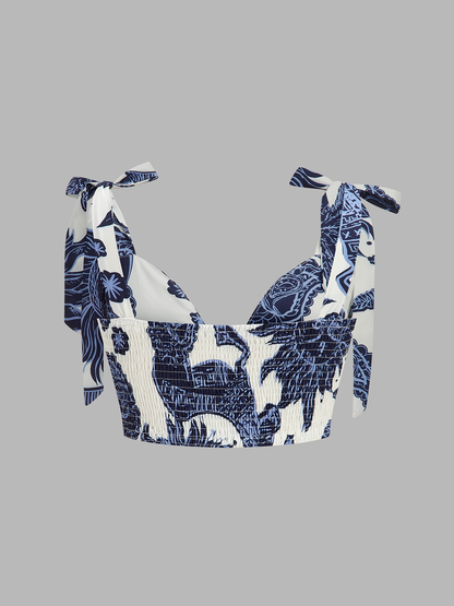 Printed Tie-Shoulder Top & Elastic Waist Pants Set