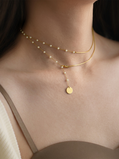 Double Layered Pearl Disc Pendant Necklace