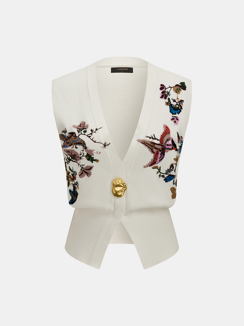Floral Bird Embroidered Knit Vest