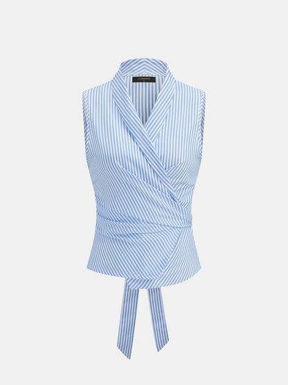 Striped Sleeveless Wrap Blouse