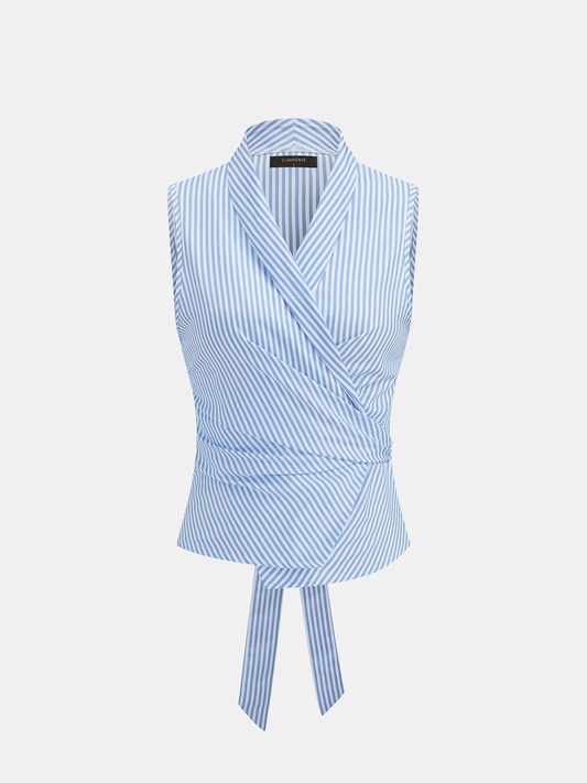 Striped Sleeveless Wrap Blouse
