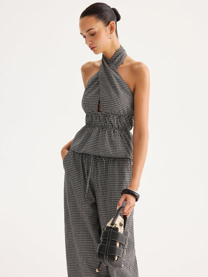 Halter Gingham Peplum Top & Pants Set