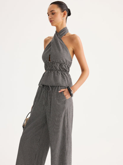 Halter Gingham Peplum Top & Pants Set