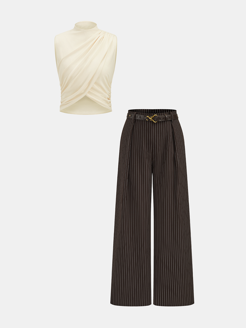 Ruched Sleeveless Top & Striped Pants Set