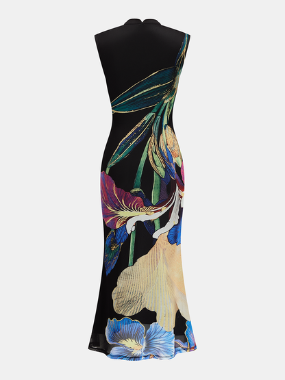 Iris Floral Print Mesh Sleeveless Maxi Dress