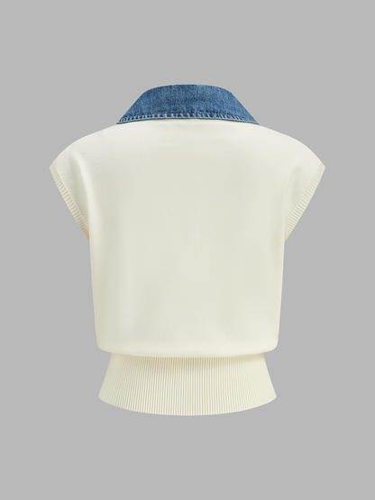 Cinched-Waist Denim-Collar Knit Vest