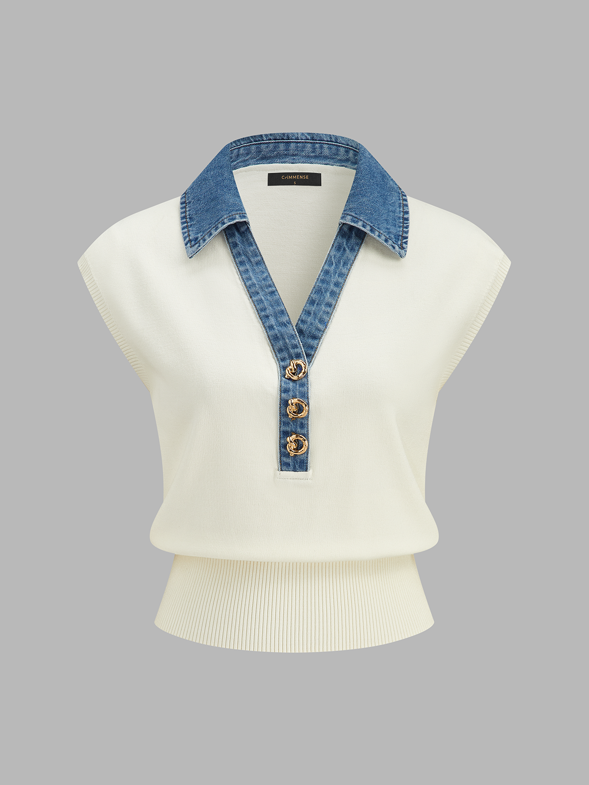 Cinched-Waist Denim-Collar Knit Vest
