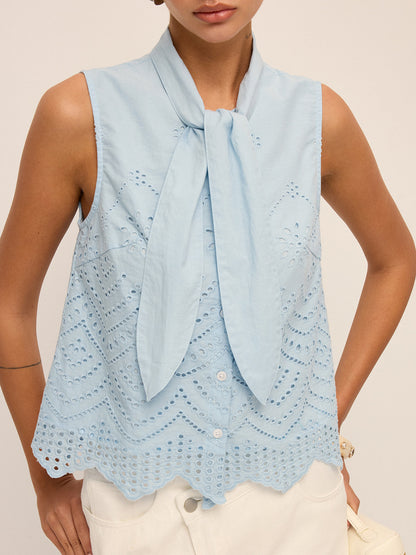Tie-Neck Eyelet Embroidery Sleeveless Blouse