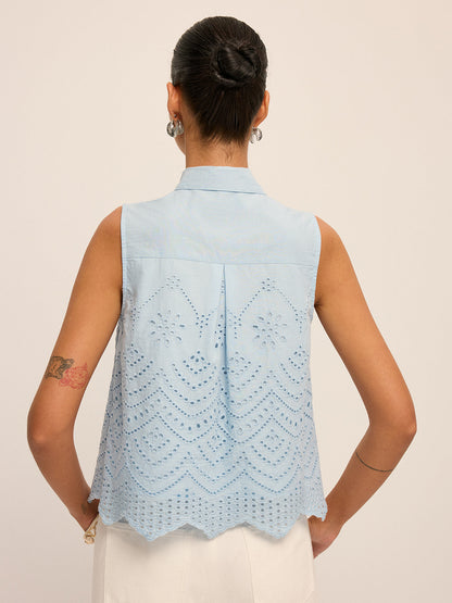 Tie-Neck Eyelet Embroidery Sleeveless Blouse