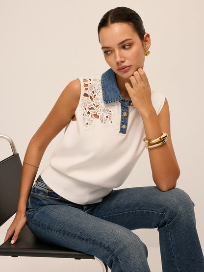 Denim Collar Lace Cutout Sleeveless Knit Top