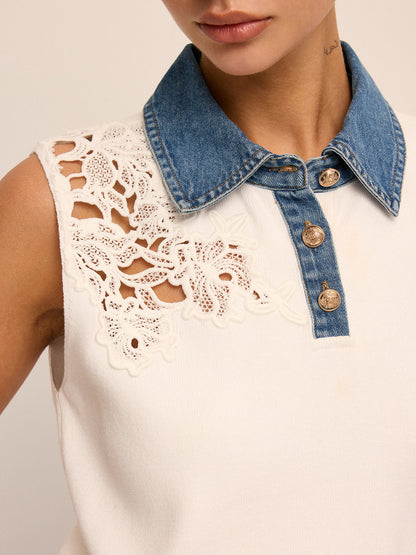 Denim Collar Lace Cutout Sleeveless Knit Top