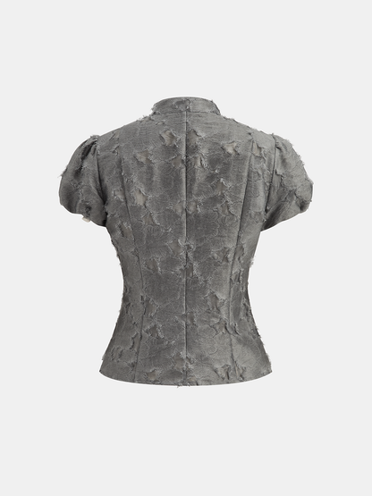 Frog Button Mandarin Collar Textured Blouse