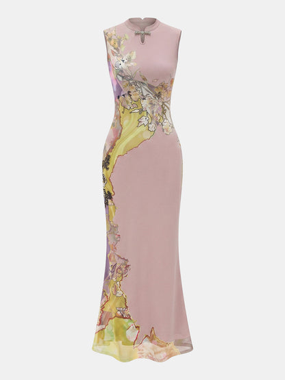 Sleeveless Floral Cheongsam Maxi Dress