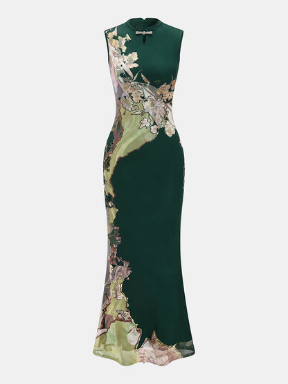 Sleeveless Floral Cheongsam Maxi Dress