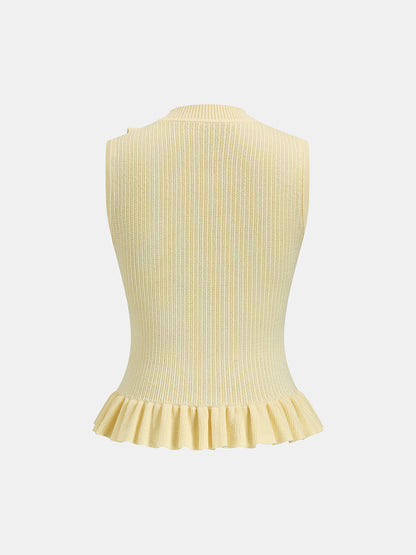 Ribbed High Neck Ruffle Sleeveless Top