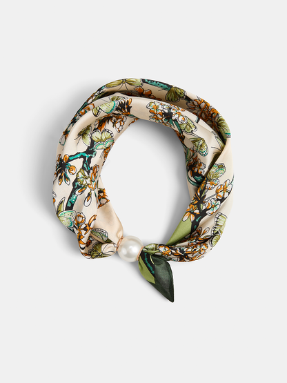 Butterfly Flower Print Silk Scarf