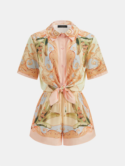 Leaf Print Linen Blend Shirt & Drawstring Shorts Set