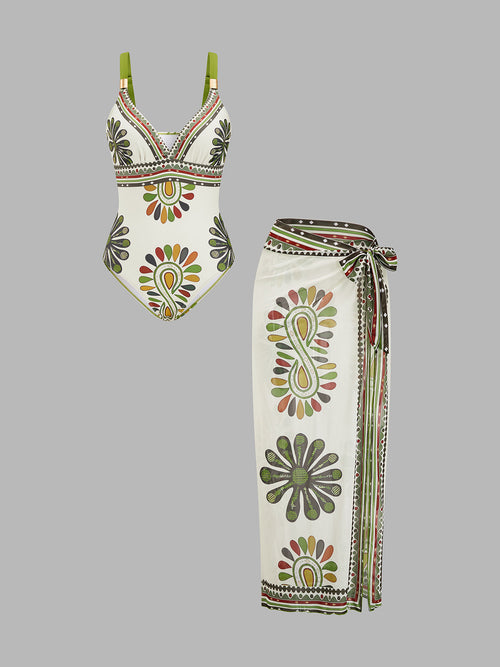 Paisley Print One Piece Swimsuit & Sarong Set