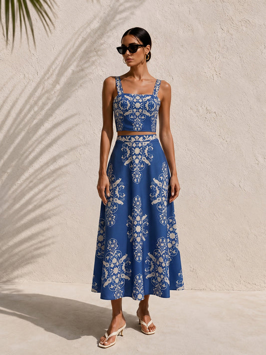 Baroque Print Cami Crop Top & Maxi Skirt Set